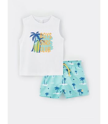 Crew Neck Printed Baby Boy Athlete and Sea Shorts 2-Piece Set