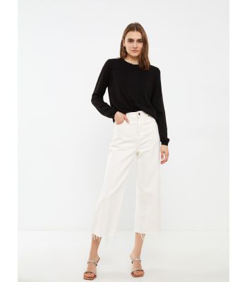 Crew Neck Self Patterned Long Sleeve Women's Tricot Sweater