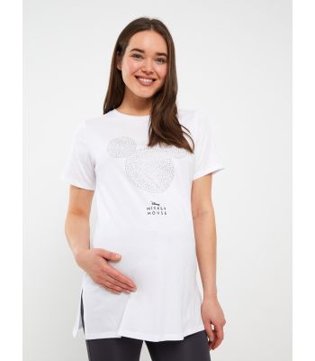 Crew Neck Mickey Mouse Stone Printed Short Sleeve Maternity T-Shirt