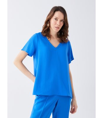 V Neck Straight Short Sleeve Women Blouse