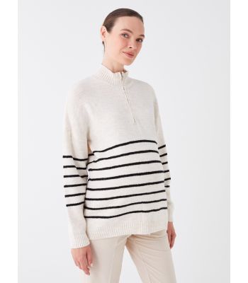 Half Fisherman Neck Striped Long-Sleeve Maternity Knitwear Sweater