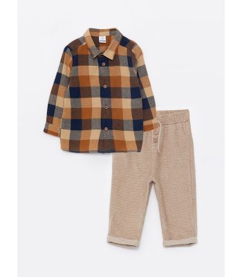 Long Sleeve Plaid Patterned Baby Boy Shirt and Trousers 2-Pack Set