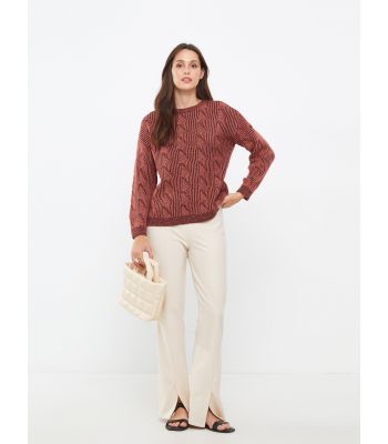 Crew Neck Self Patterned Long Sleeve Women's Tricot Sweater