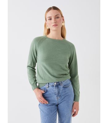 Crew Neck Self Patterned Long Sleeve Women's Tricot Sweater