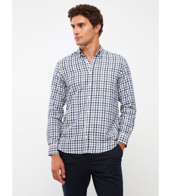 Regular Fit Long Sleeve Plaid Gabardine Men's Shirt