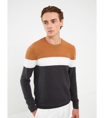 Crew Neck Long Sleeve Men's Tricot Sweater with Color Block