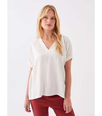 Henley Neckline Straight Short Sleeve Women Blouse