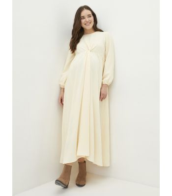 Crew Neck Self Patterned Ruffle Detailed Long Sleeve Poplin Maternity Dress