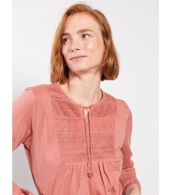 Lapel Collar Embroidered Long Sleeve Cotton Women's T-Shirt