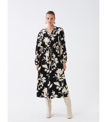 V-Neck Patterned Long Sleeve Oversize Women's Shirt Dress