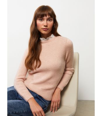 Frilly Stand Up Collar Straight Long Sleeve Women's Knitwear Sweater