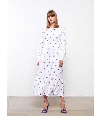Crew Neck Patterned Long Sleeve Women Dress