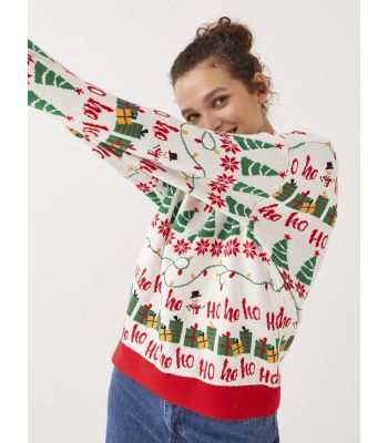 Crew Neck New Year Themed Long Sleeve Women's Tricot Sweater