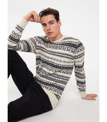 Crew Neck Long Sleeve Patterned Men's Tricot Sweater