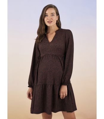 V Neck Patterned Long Sleeve Crinkle Maternity Dress