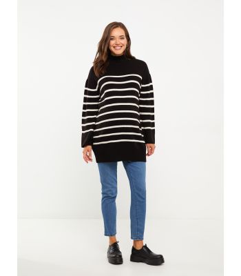 Half Turtleneck Striped Long Sleeve Women's Knitwear Tunic