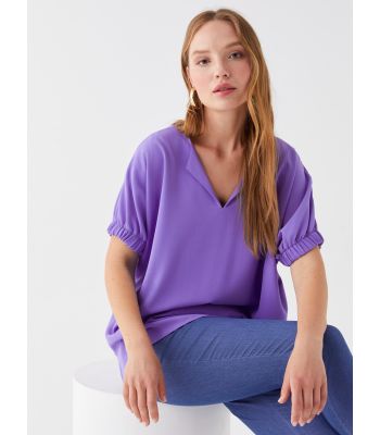 Henley Neckline Straight Short Sleeve Women Blouse