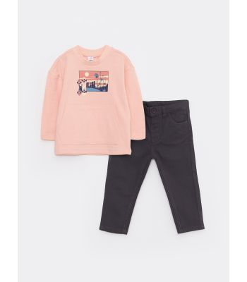 Crew Neck Long Sleeve Printed Baby Boy Sweatshirt and Trousers 2-Pack Set