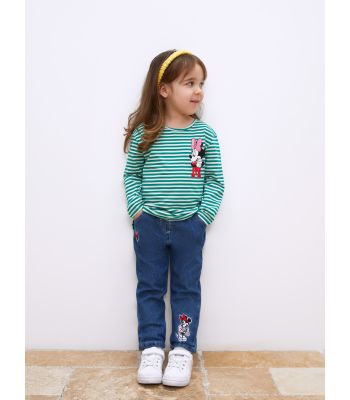 Elastic Waist Minnie Mouse Embroidered Baby Girl Jean Trousers