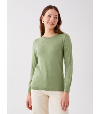 Crew Neck Self Patterned Long Sleeve Women's Tricot Sweater