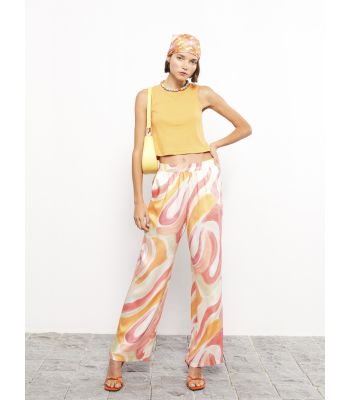 Elastic Waist Patterned Satin Women's Trousers