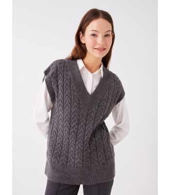 V-Neck Patterned Oversize Women's Knitwear Sweater