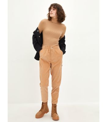Elastic Waist Standard Fit Straight Pocket Detailed Women's Corduroy Trousers