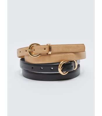 Leather Look Womens Slim Belt 2-Pack