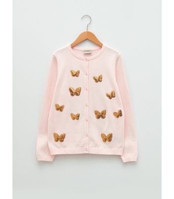 Crew Neck Sequin Embroidered Long Sleeve Girls' Knitwear Cardigan
