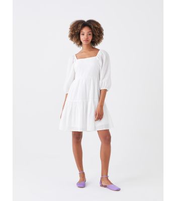 Square Collar Straight Balloon Sleeve Voile Women's Dress