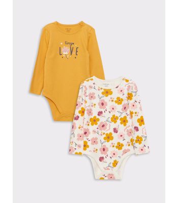 Crew Neck Long Sleeve Printed Baby Girl Body with Snap Crotch 2-Pack