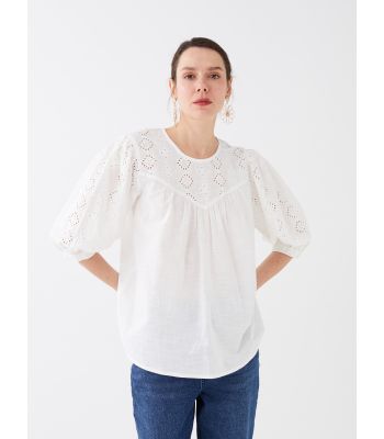 Crew Neck Self Patterned Balloon Sleeve Brode Women's Blouse