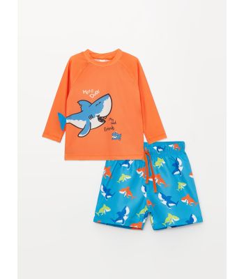 Crew Neck Long Sleeve Printed Baby Boy Swimwear Set