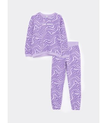Crew Neck Printed Long Sleeve Girl Sweatshirt and Sweatpants