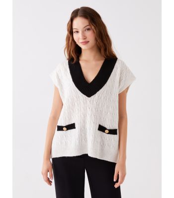 V-Collar Self-Patterned Oversized Women's Sweater