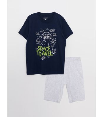 Crew Neck Printed Short Sleeve Boy's Short Pajamas Set