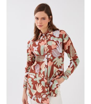 Shirt Collar Patterned Long Sleeve Women's Poplin Tunic