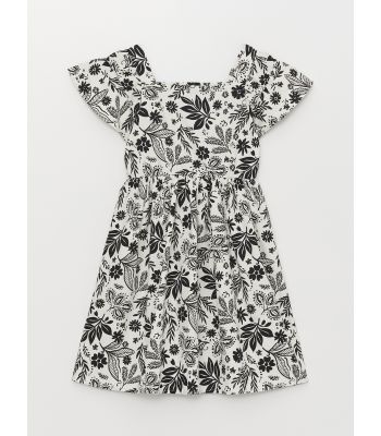 Square Neck Patterned Short Sleeve Girls' Dress