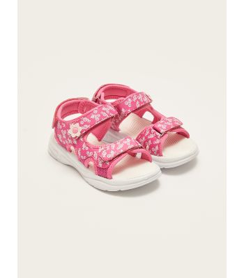 Double Band Patterned Hook and Loop Girls' Sandals