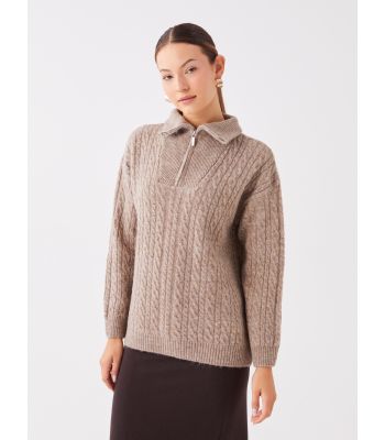 High Collar Self Patterned Long Sleeve Oversize Women's Knitwear Sweater