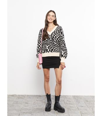V Neck Patterned Long Sleeve Women's Tricot Sweater