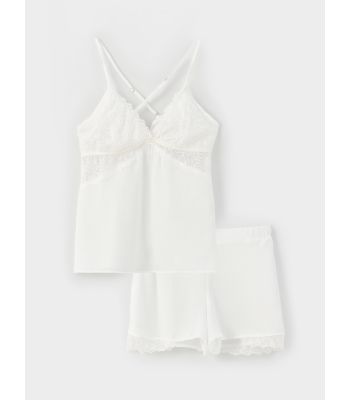 V-Neck Lace Detailed Strap Satin Women's Short Pajama Set