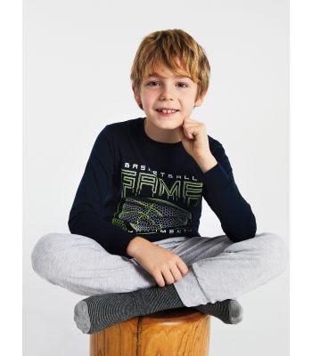 Crew Neck Printed Long Sleeve Boy Pajama Set