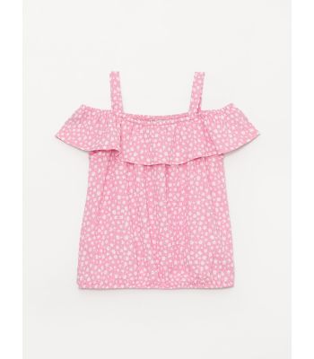 Square Collar Patterned Short Sleeve Girls T-Shirt