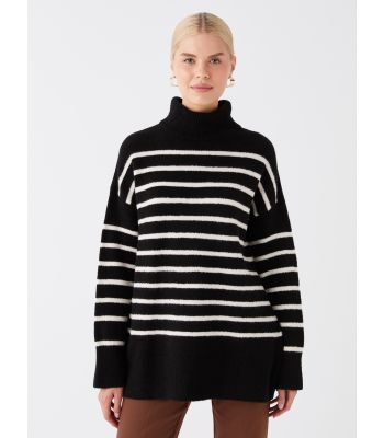 Turtleneck Striped Long Sleeve Oversize Women's Knitwear Sweater