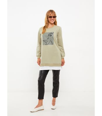 Crew Neck Printed Long Sleeve Oversize Women's Tunic