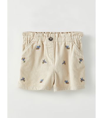 Elastic Waist Embroidery Detailed Baby Girl Velvet Shorts