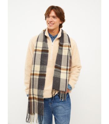 Checked Patterned Fringed Men's Scarf