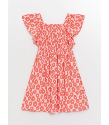Square Neck Patterned Short Sleeve Girls' Dress