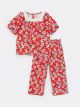 Square Collar Short Sleeve Patterned Baby Girl Blouse and Pants 2-Pack Set